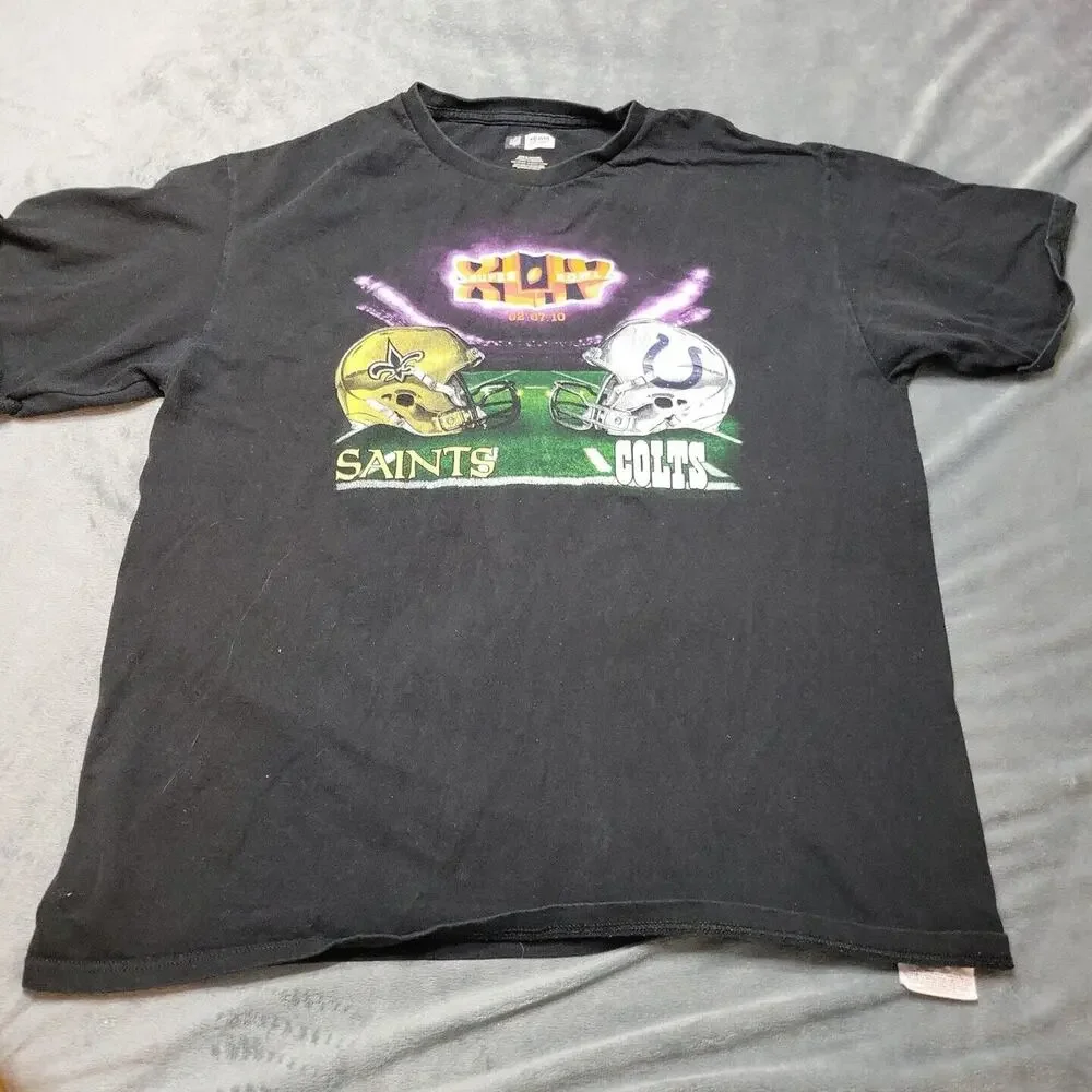 Colts Saints Shirt Mens Large Short Sleeve Black Super Bowl XLIV 2010‎ Logo Top